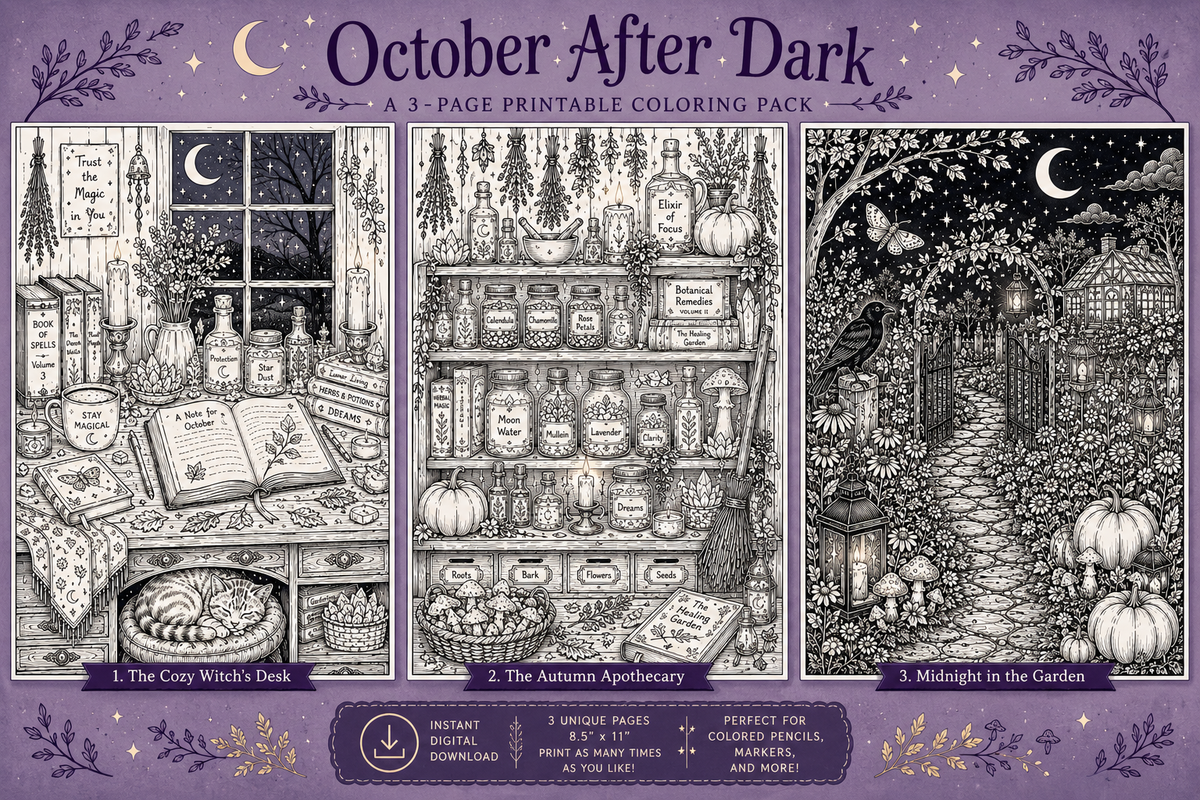 October After Dark' printable coloring pack, showing three illustrated black-and-white scenes: a witch's shack by a window, shelves of potion bottles, and a lantern-lit garden path at night. The purple header and footer describe the product as a 3-page printable coloring pack and include branding and feature callouts.