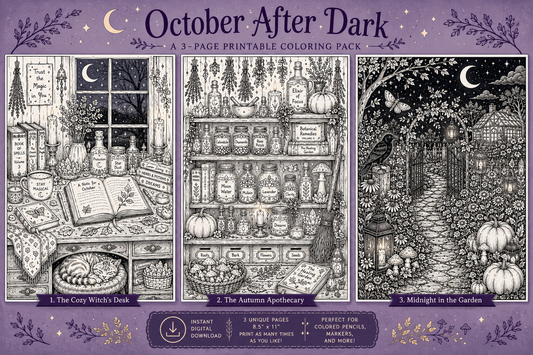 October After Dark' printable coloring pack, showing three illustrated black-and-white scenes: a witch's shack by a window, shelves of potion bottles, and a lantern-lit garden path at night. The purple header and footer describe the product as a 3-page printable coloring pack and include branding and feature callouts.